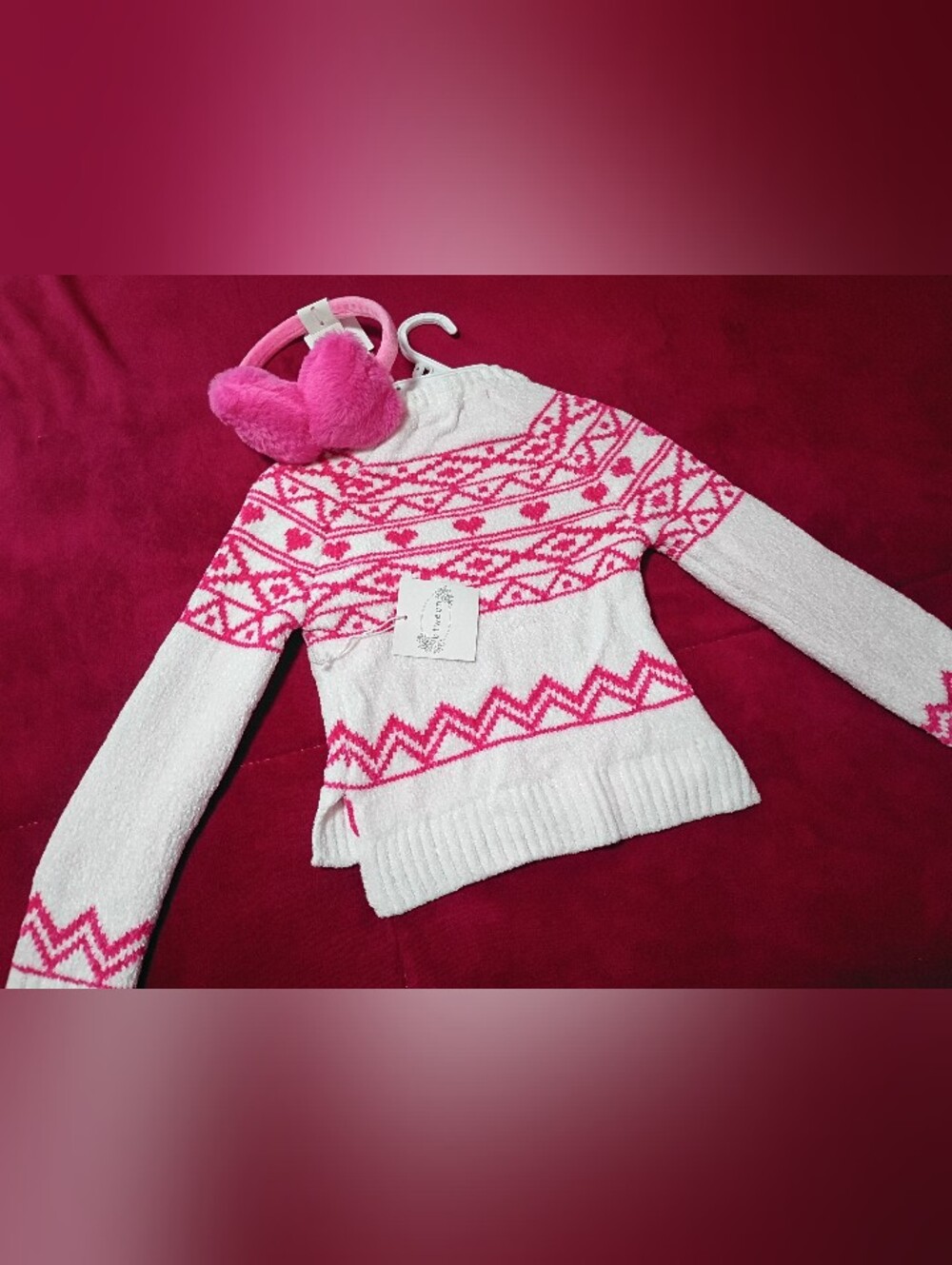 btween Girls White & Hot Pink Fair Isle Sweater Size 4